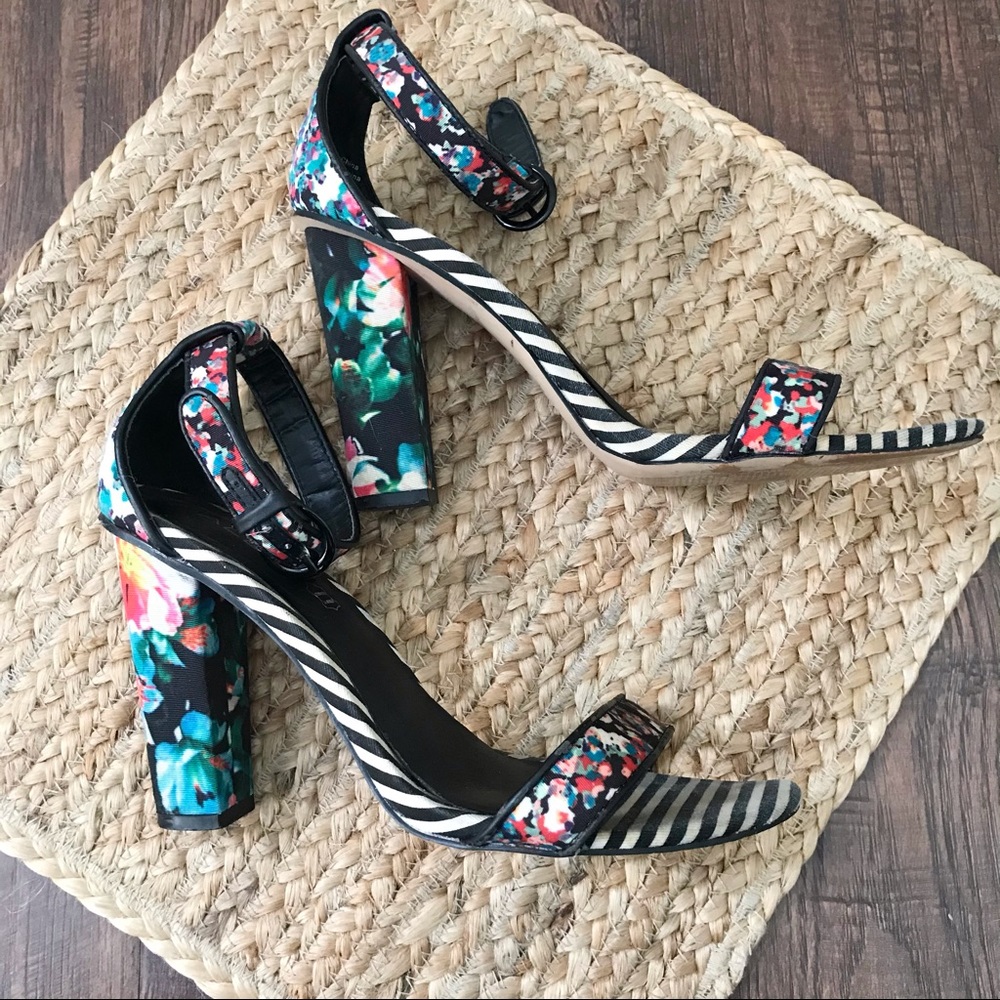Aldo Floral & Stripes Peep Toe Block Heels